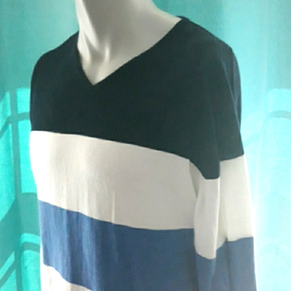 Alex Cannon mens black,  blue and white striped cotton vneck sweater. Large